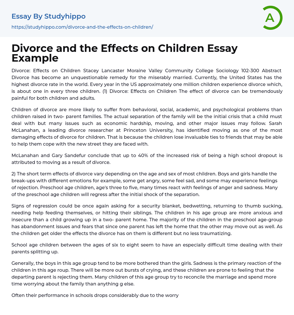 Divorce and the Effects on Children Essay Example