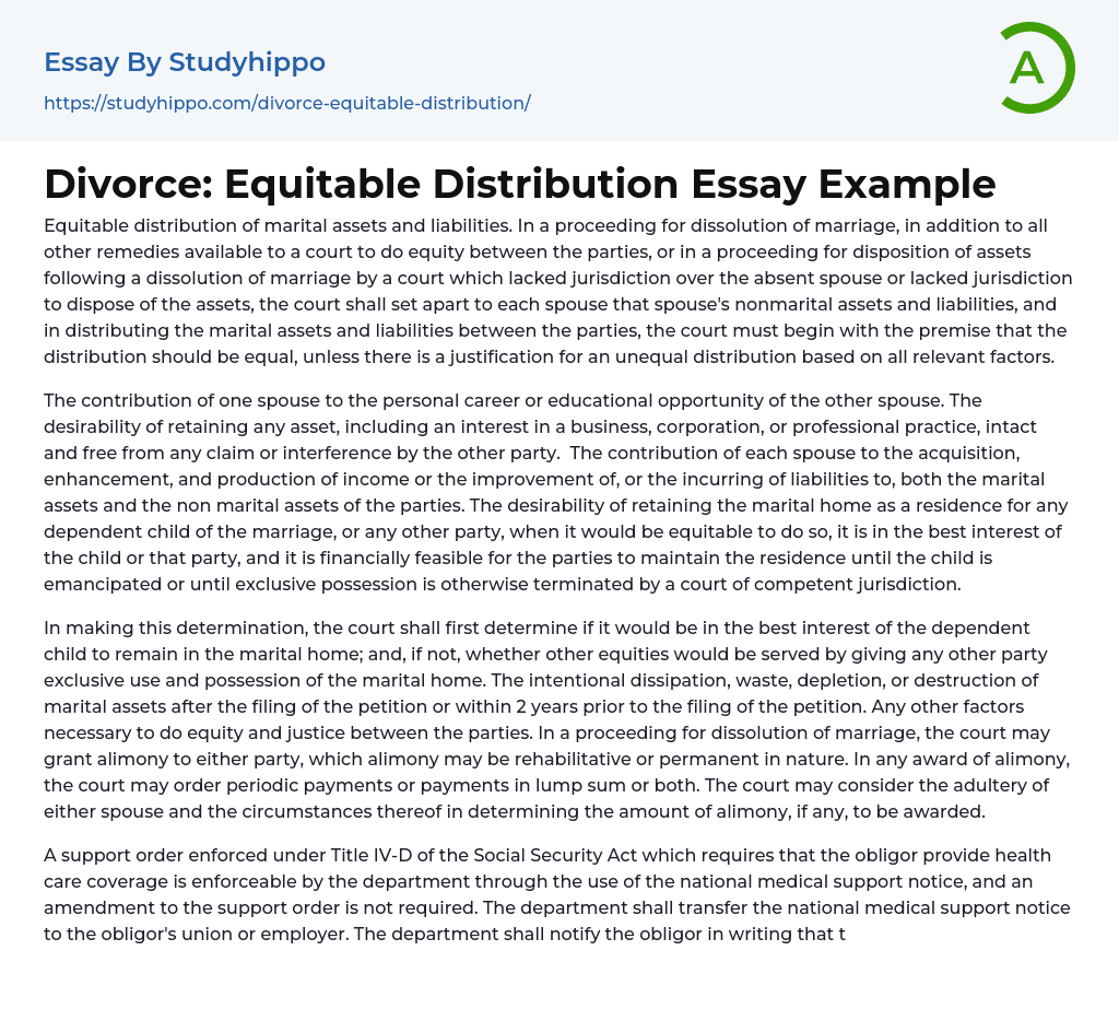 Divorce: Equitable Distribution Essay Example