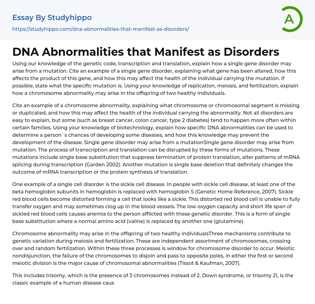 DNA Abnormalities that Manifest as Disorders Essay Example