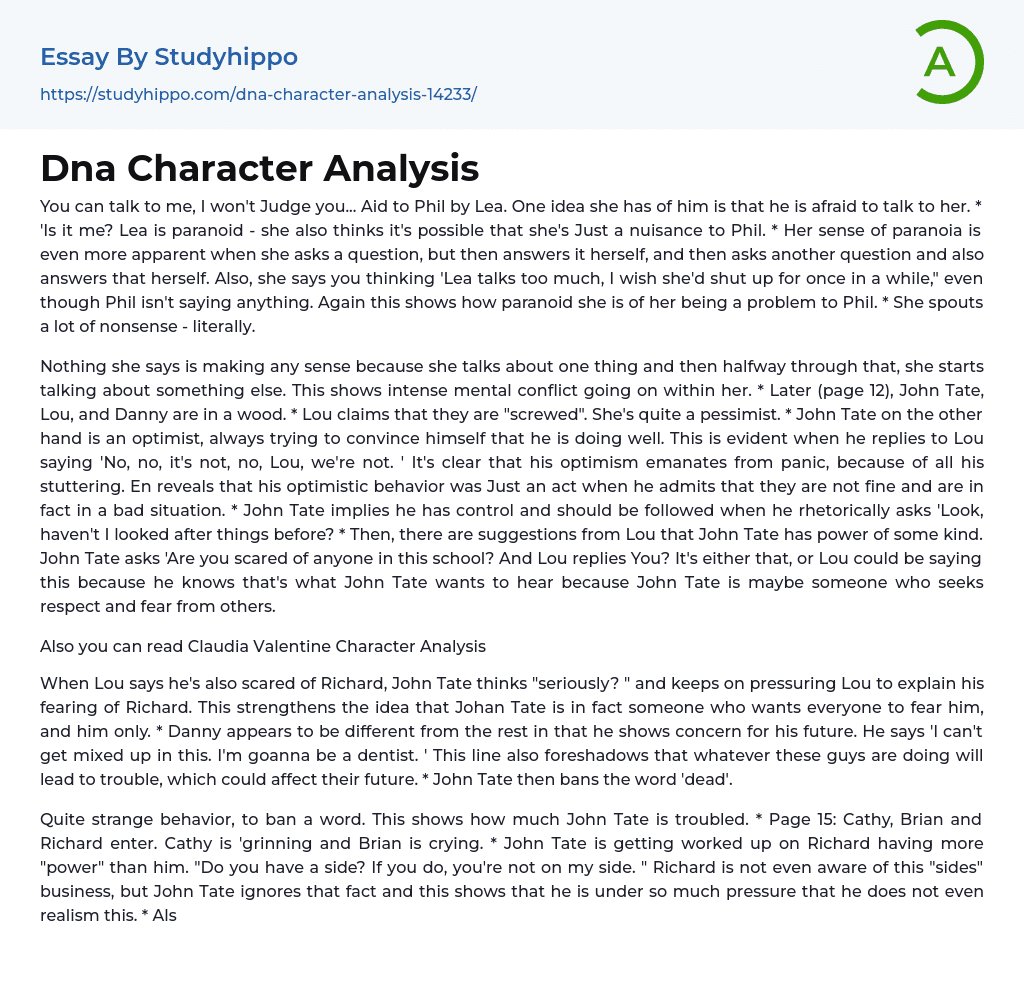 Dna Character Analysis Essay Example