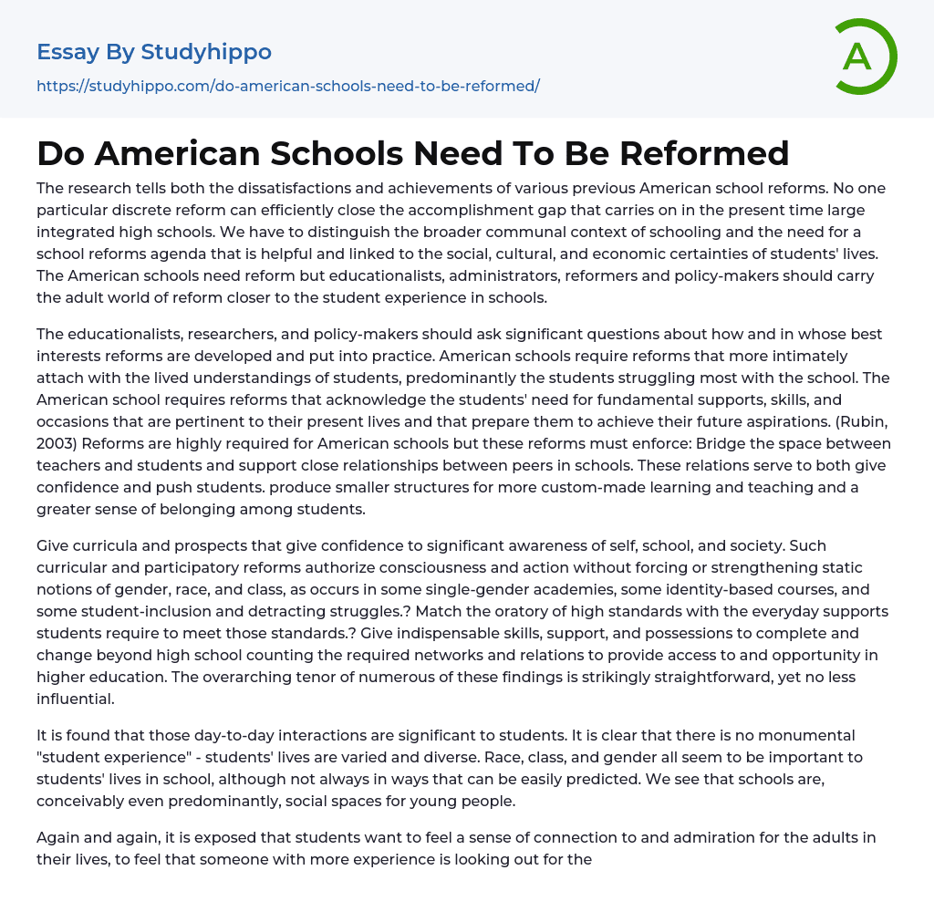 Do American Schools Need To Be Reformed Essay Example