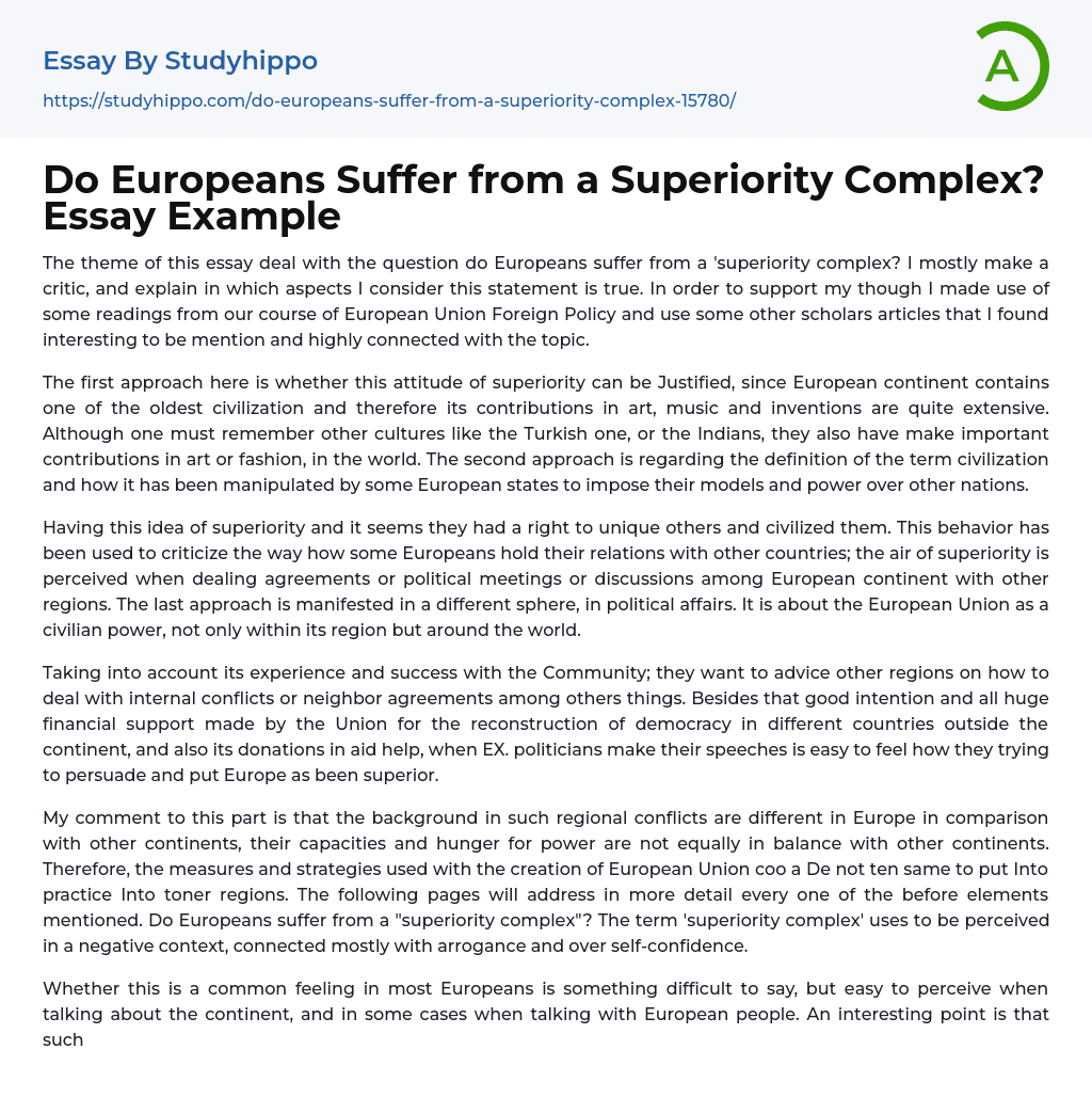 Do Europeans Suffer from a Superiority Complex? Essay Example