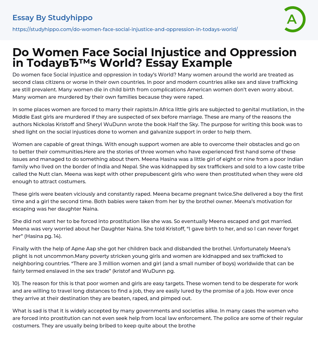 Do Women Face Social Injustice and Oppression in Today’s World? Essay Example