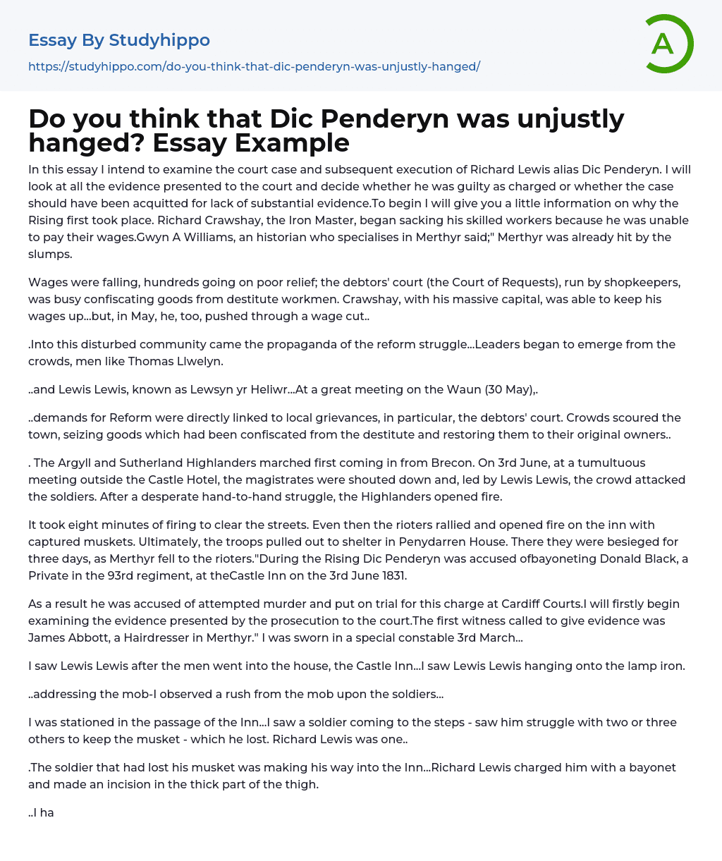 Do you think that Dic Penderyn was unjustly hanged? Essay Example