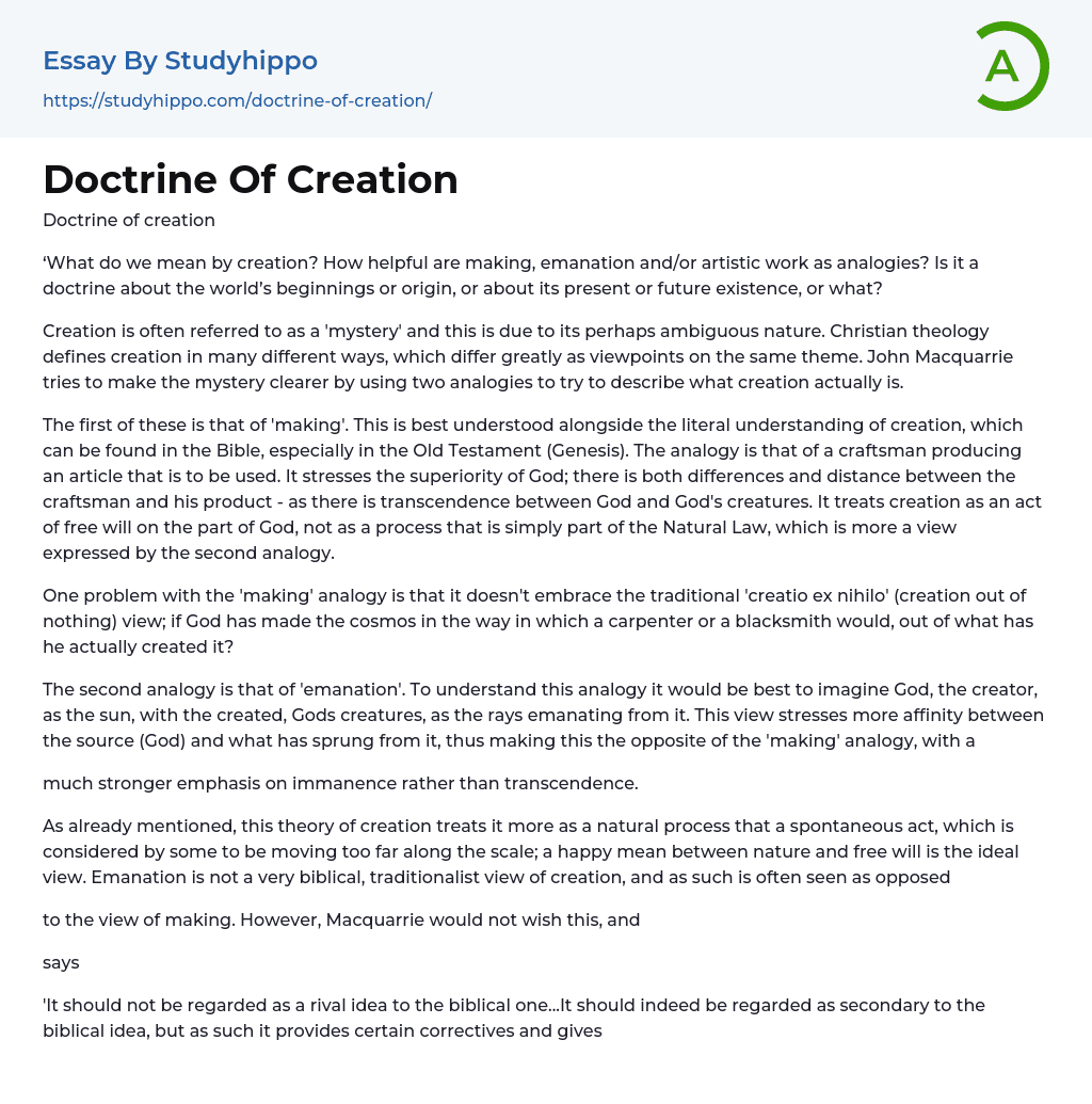 Doctrine Of Creation Essay Example