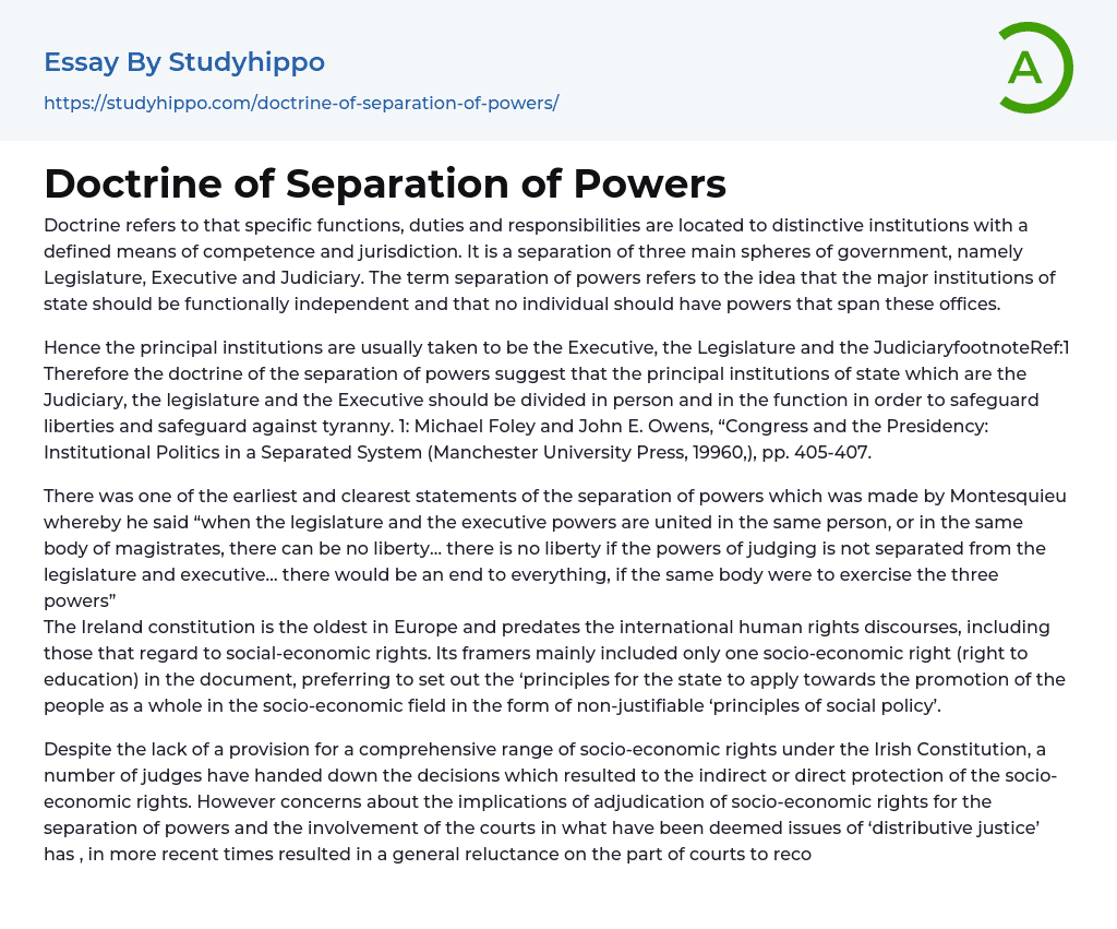 Doctrine of Separation of Powers Essay Example