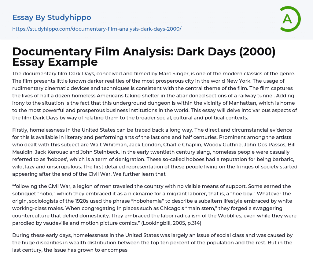 Documentary Film Analysis: Dark Days (2000) Essay Example