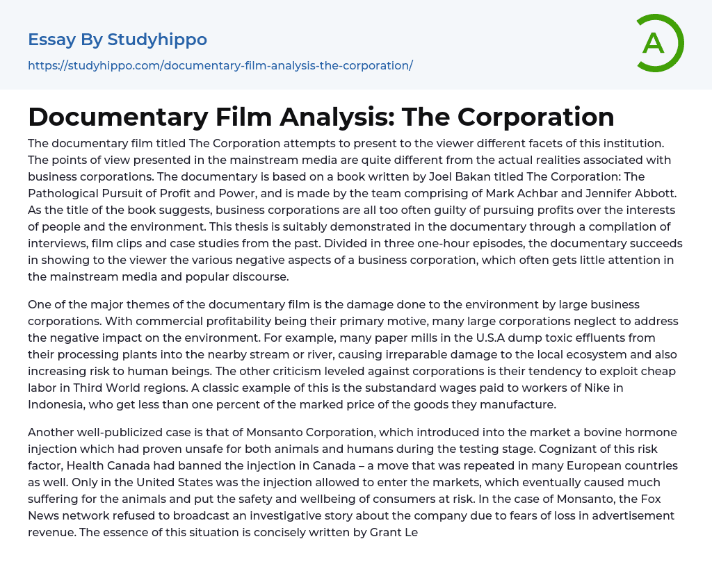 Documentary Film Analysis: The Corporation Essay Example
