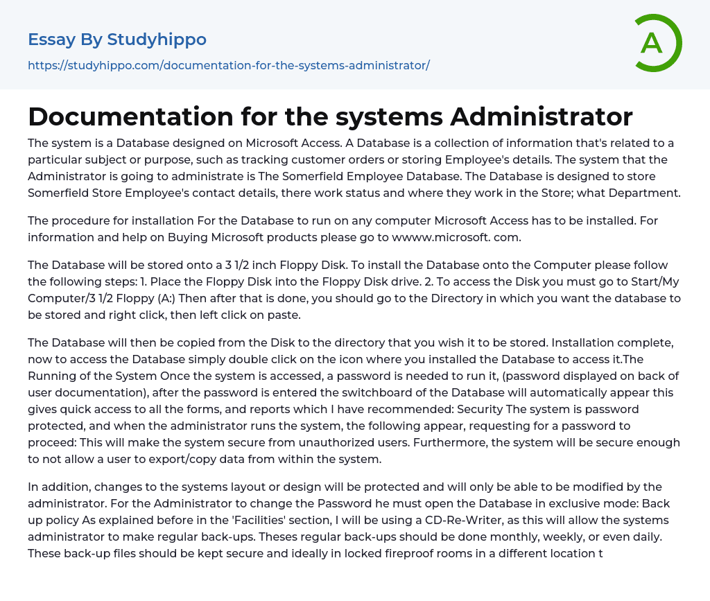 Documentation for the systems Administrator Essay Example