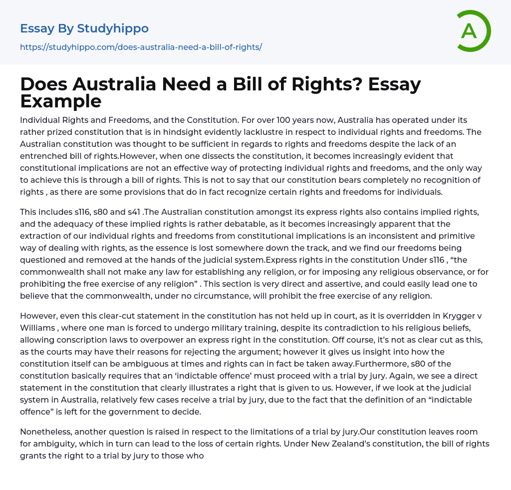 Does Australia Need a Bill of Rights? Essay Example