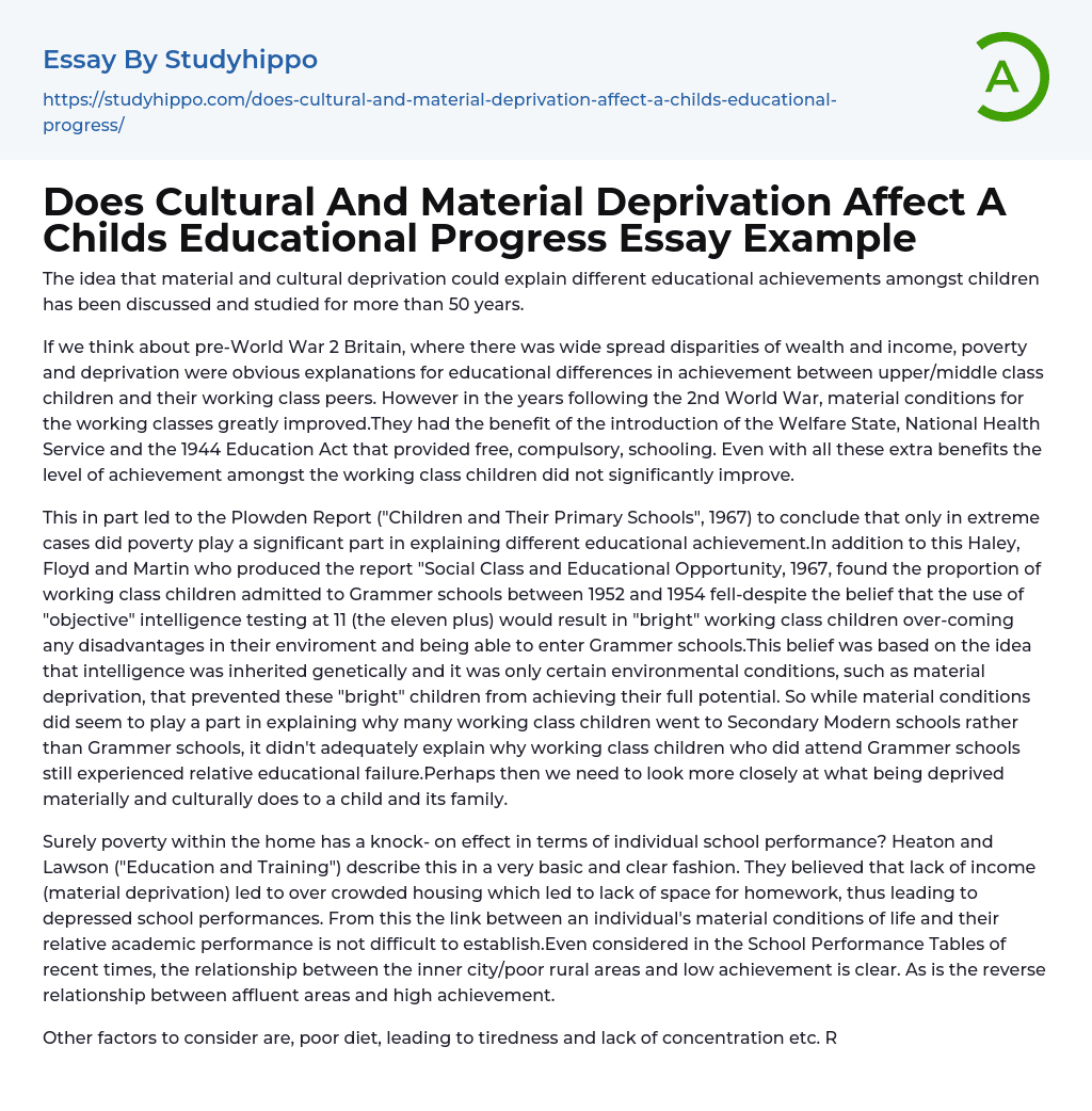 Does Cultural And Material Deprivation Affect A Childs Educational Progress Essay Example
