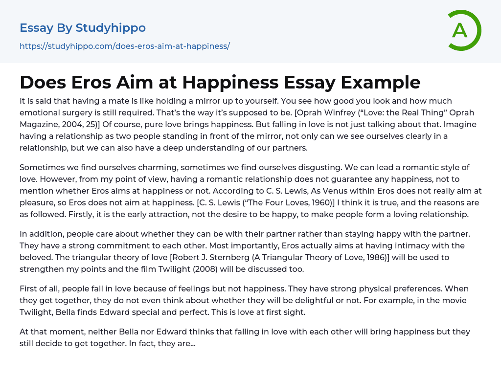 Does Eros Aim at Happiness Essay Example