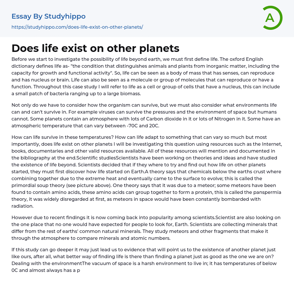 Does life exist on other planets Essay Example