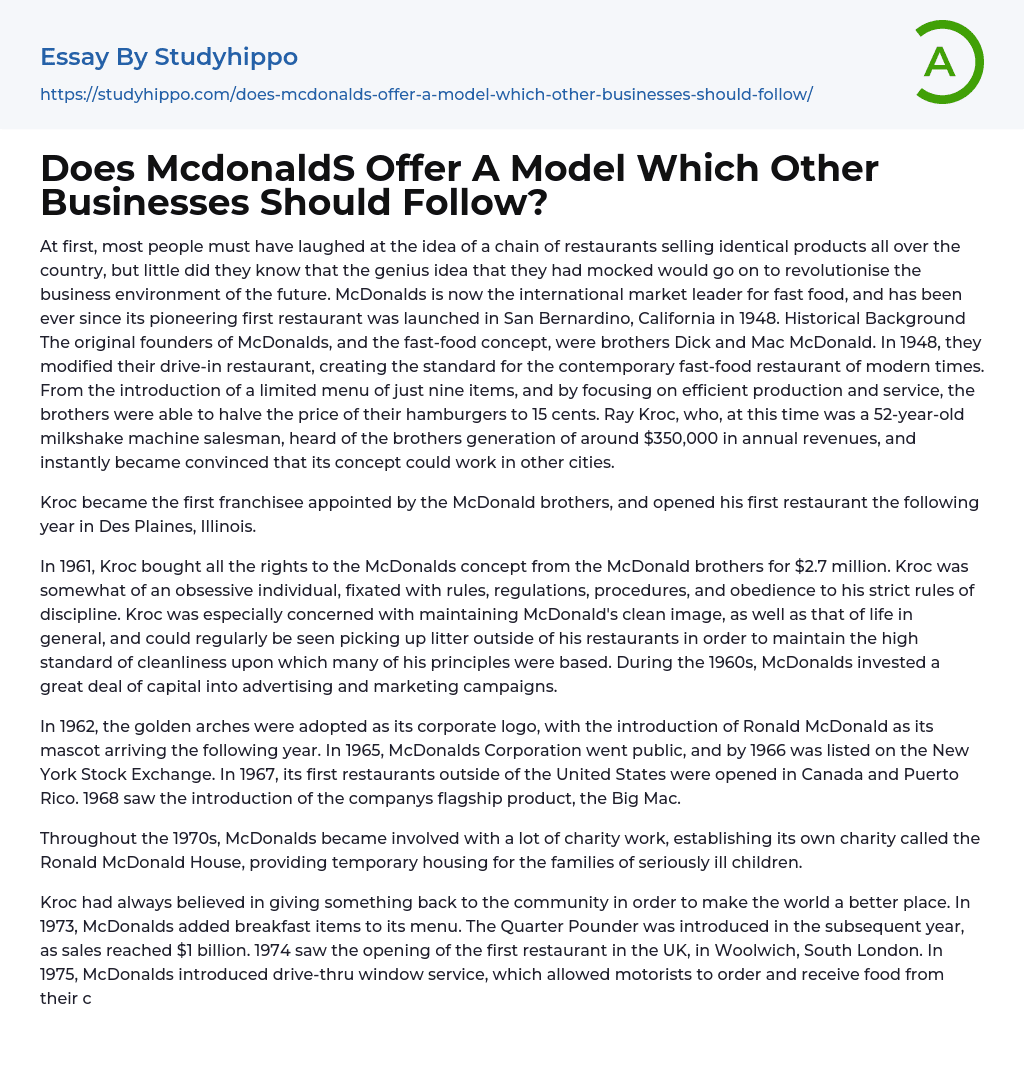 Does McdonaldS Offer A Model Which Other Businesses Should Follow? Essay Example