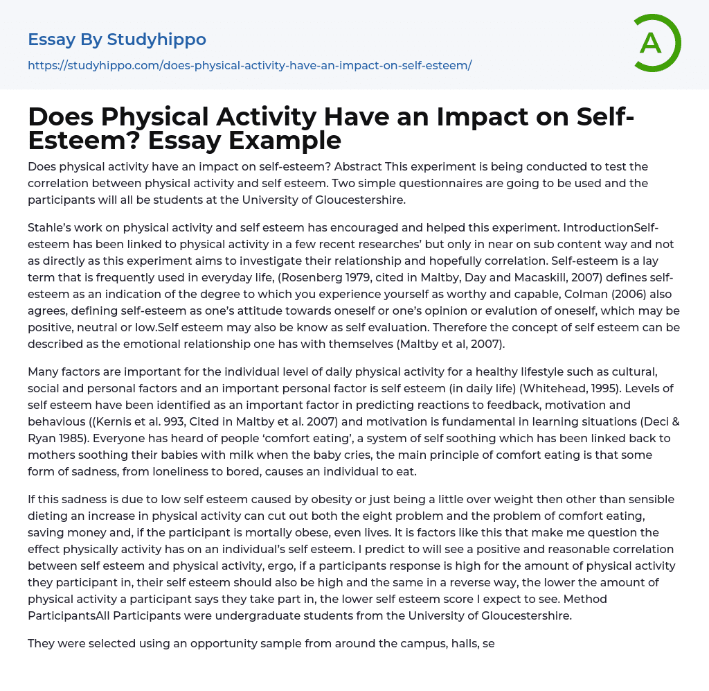 Does Physical Activity Have an Impact on Self-Esteem? Essay Example