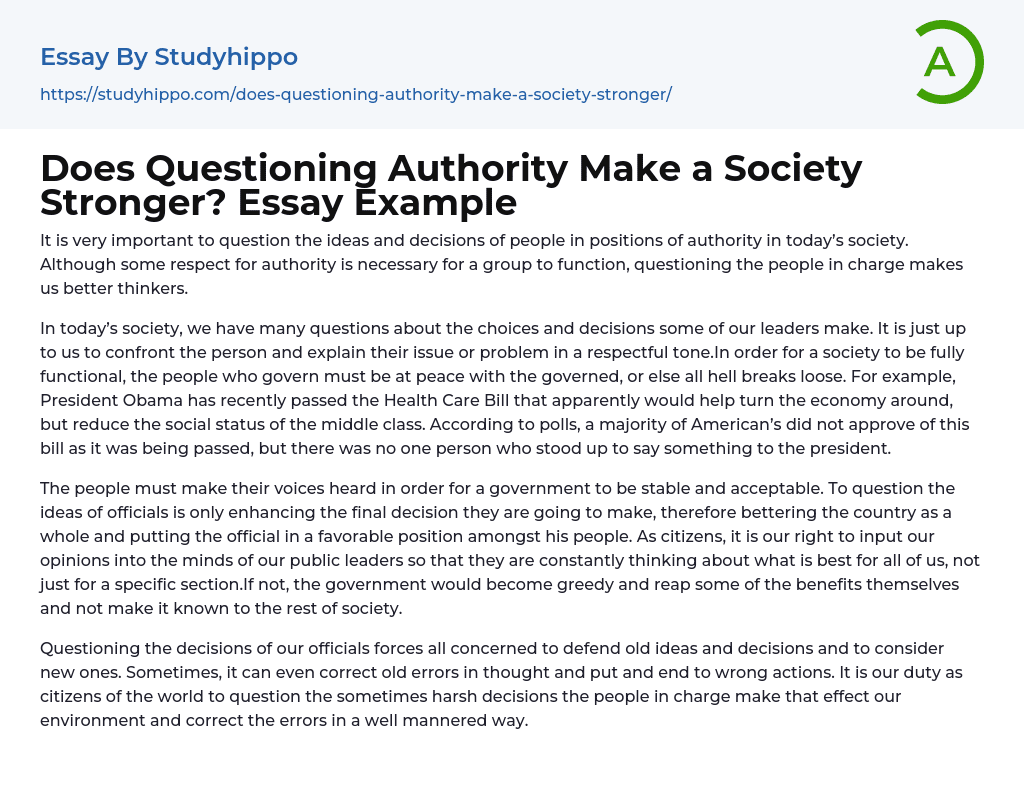 Does Questioning Authority Make a Society Stronger? Essay Example