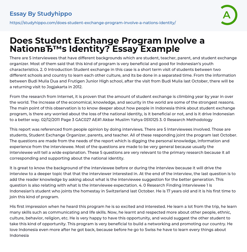 Does Student Exchange Program Involve a Nation’s Identity? Essay Example
