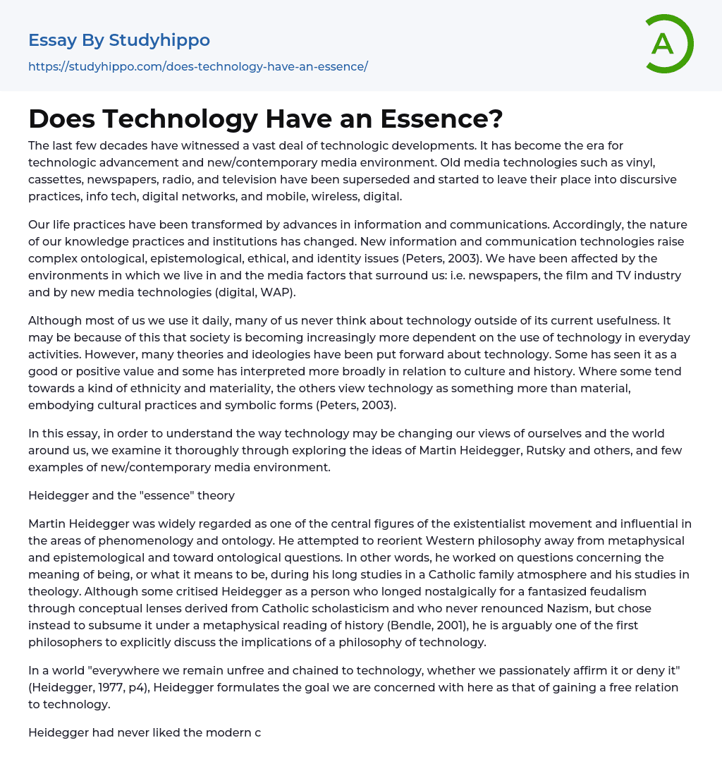 Does Technology Have an Essence? Essay Example
