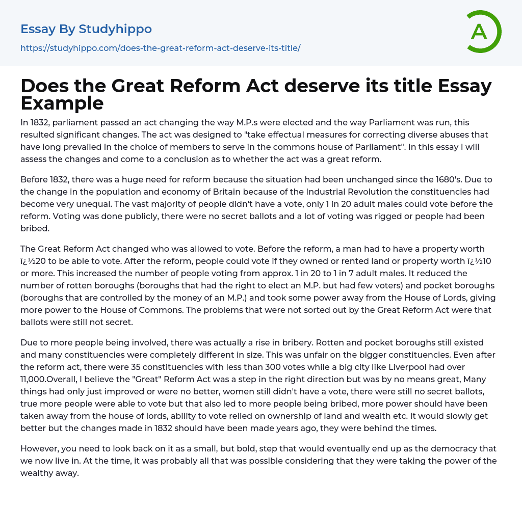 Does the Great Reform Act deserve its title Essay Example