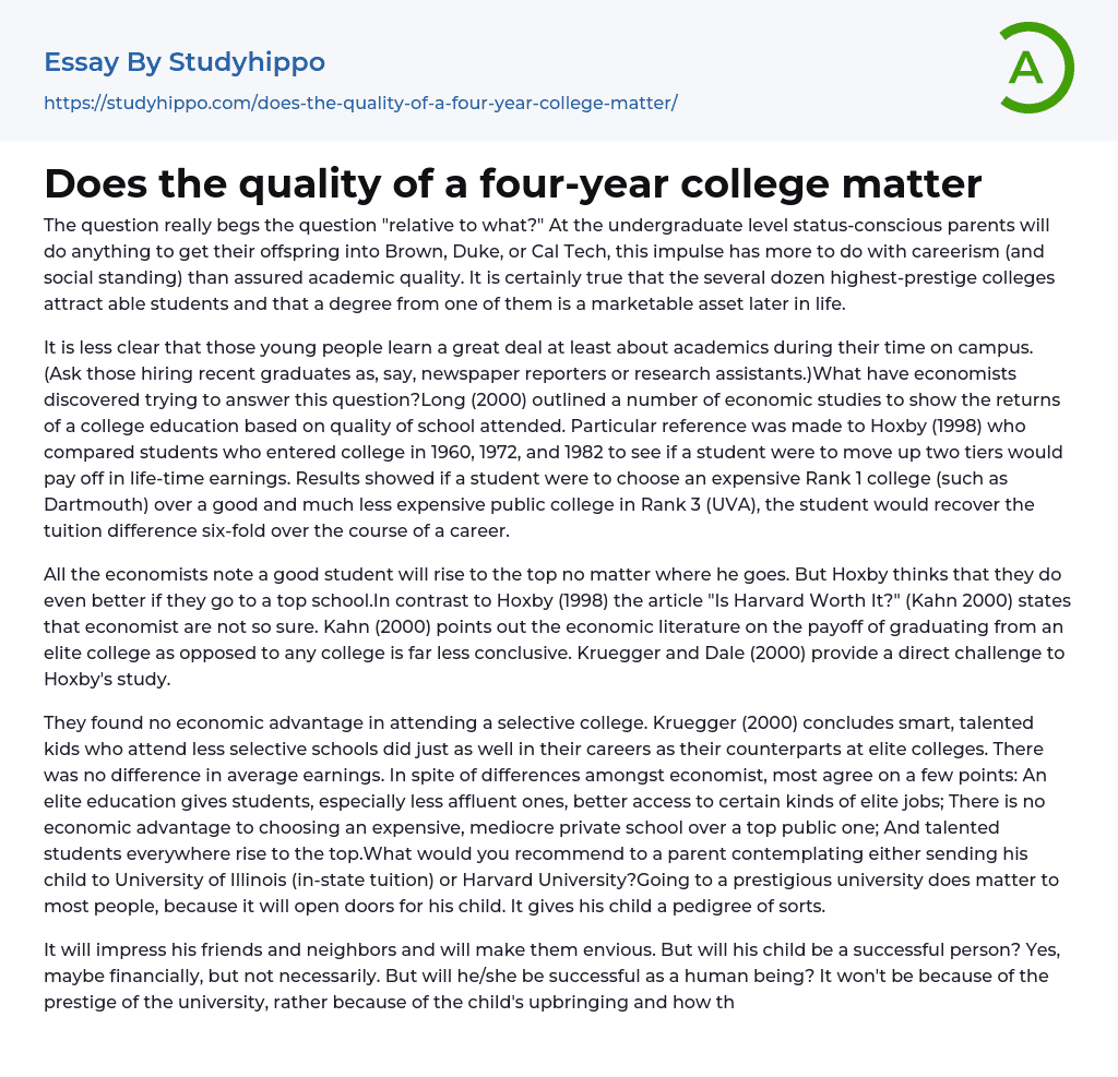 Does the quality of a four-year college matter Essay Example