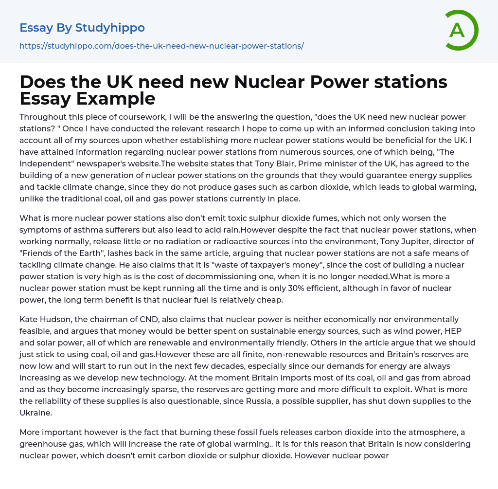 Does the UK need new Nuclear Power stations Essay Example