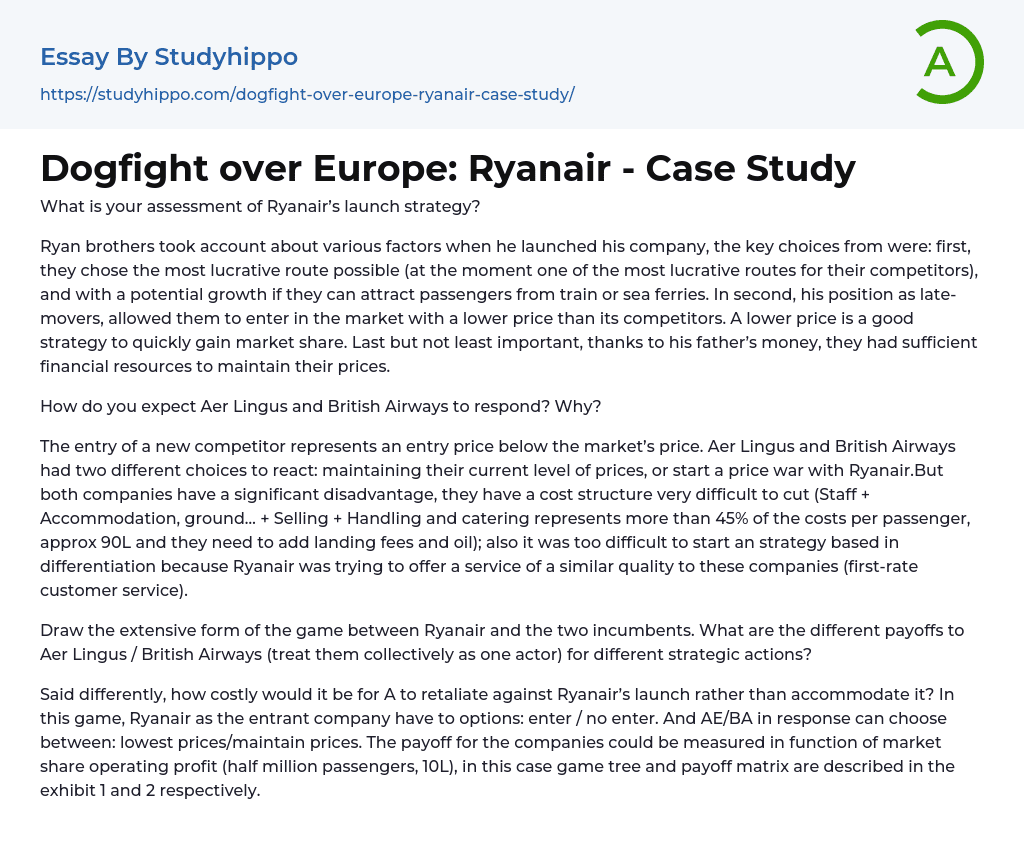 Dogfight over Europe: Ryanair – Case Study Essay Example