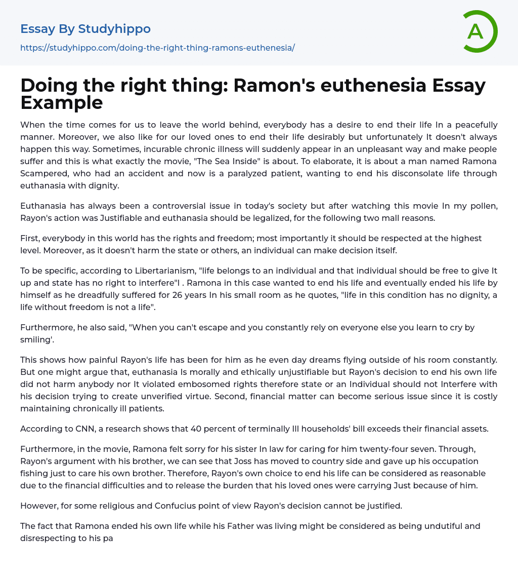 Doing the right thing: Ramon’s euthenesia Essay Example
