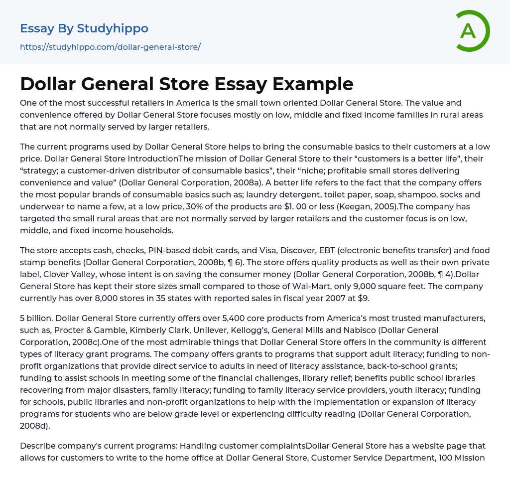 Dollar General Store Essay Example