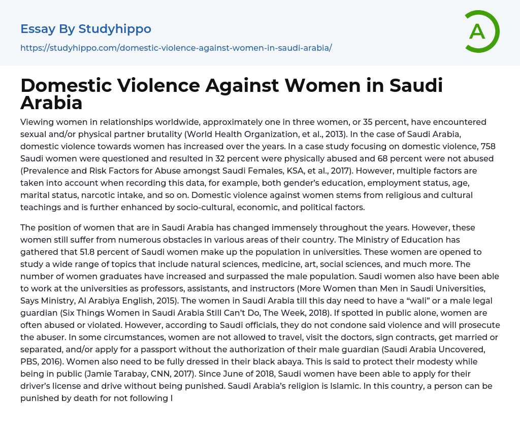 Domestic Violence Against Women in Saudi Arabia Essay Example