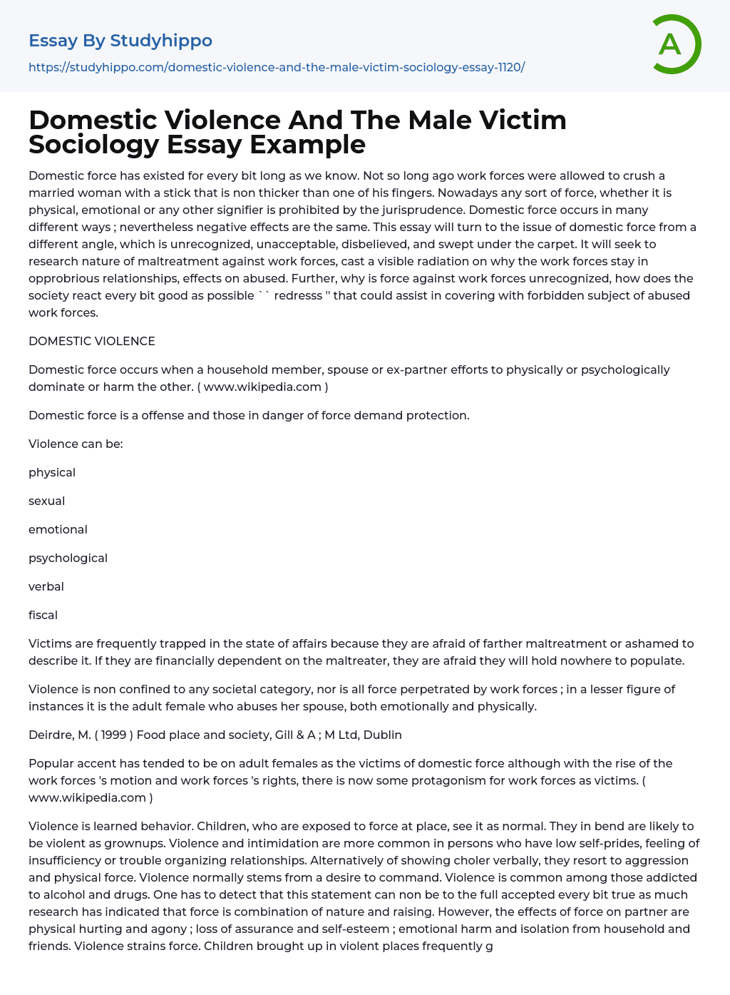 Domestic Violence And The Male Victim Sociology Essay Example