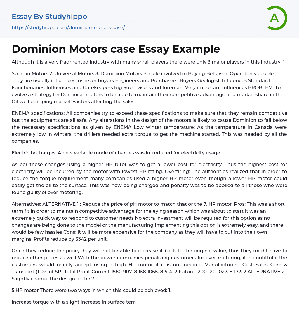 Dominion Motors case Essay Example