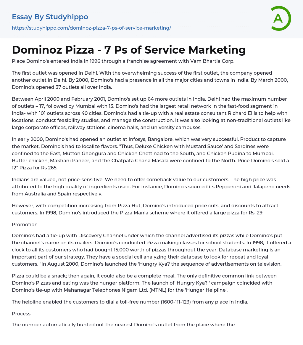Dominoz Pizza – 7 Ps of Service Marketing Essay Example