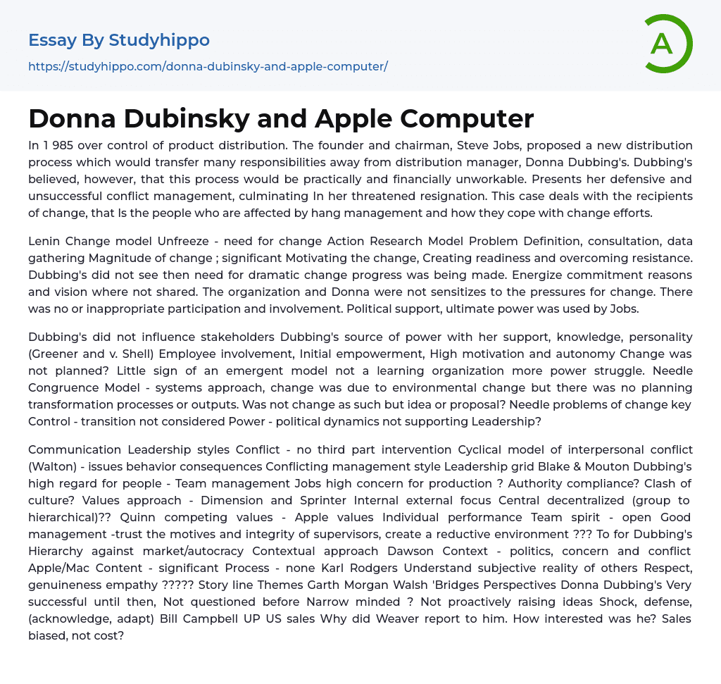 Donna Dubinsky and Apple Computer Essay Example