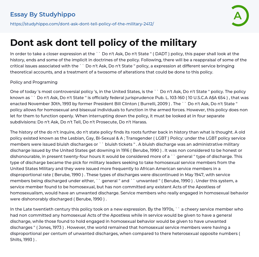 Dont ask dont tell policy of the military Essay Example