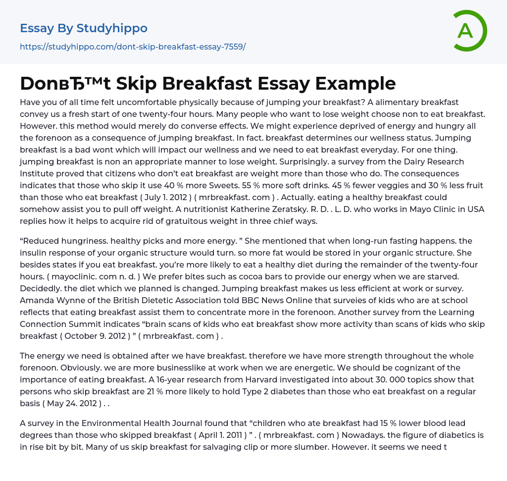 Don’t Skip Breakfast Essay Example