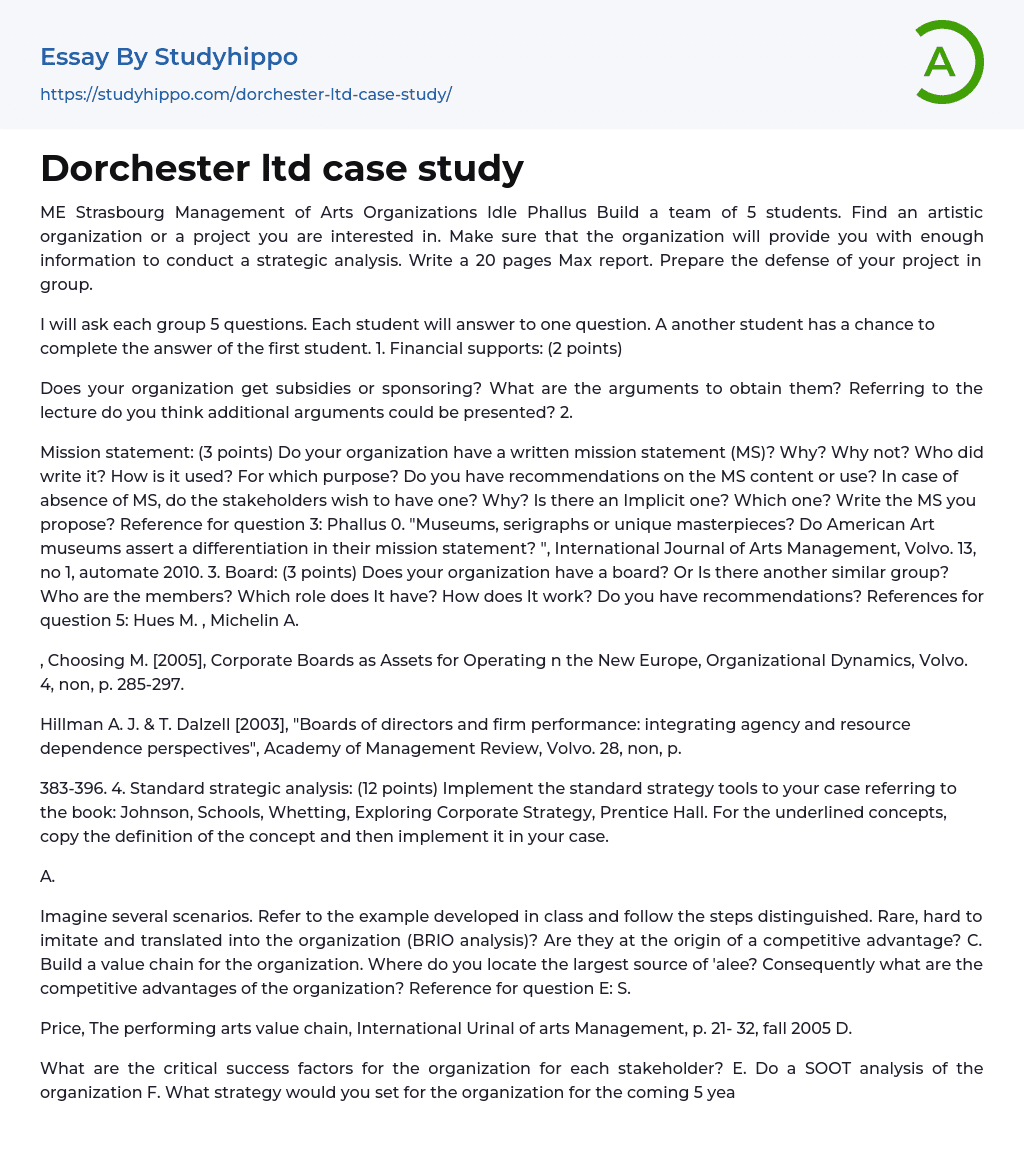 Dorchester ltd case study Essay Example