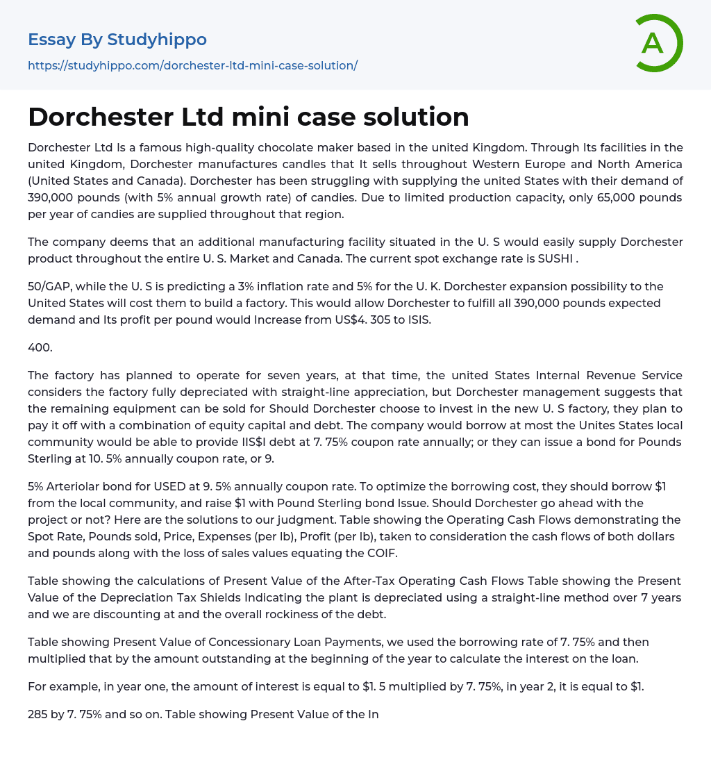 Dorchester Ltd mini case solution Essay Example