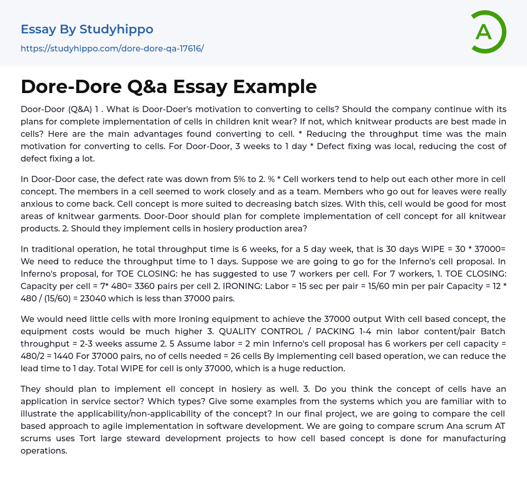 Dore-Dore Q&a Essay Example