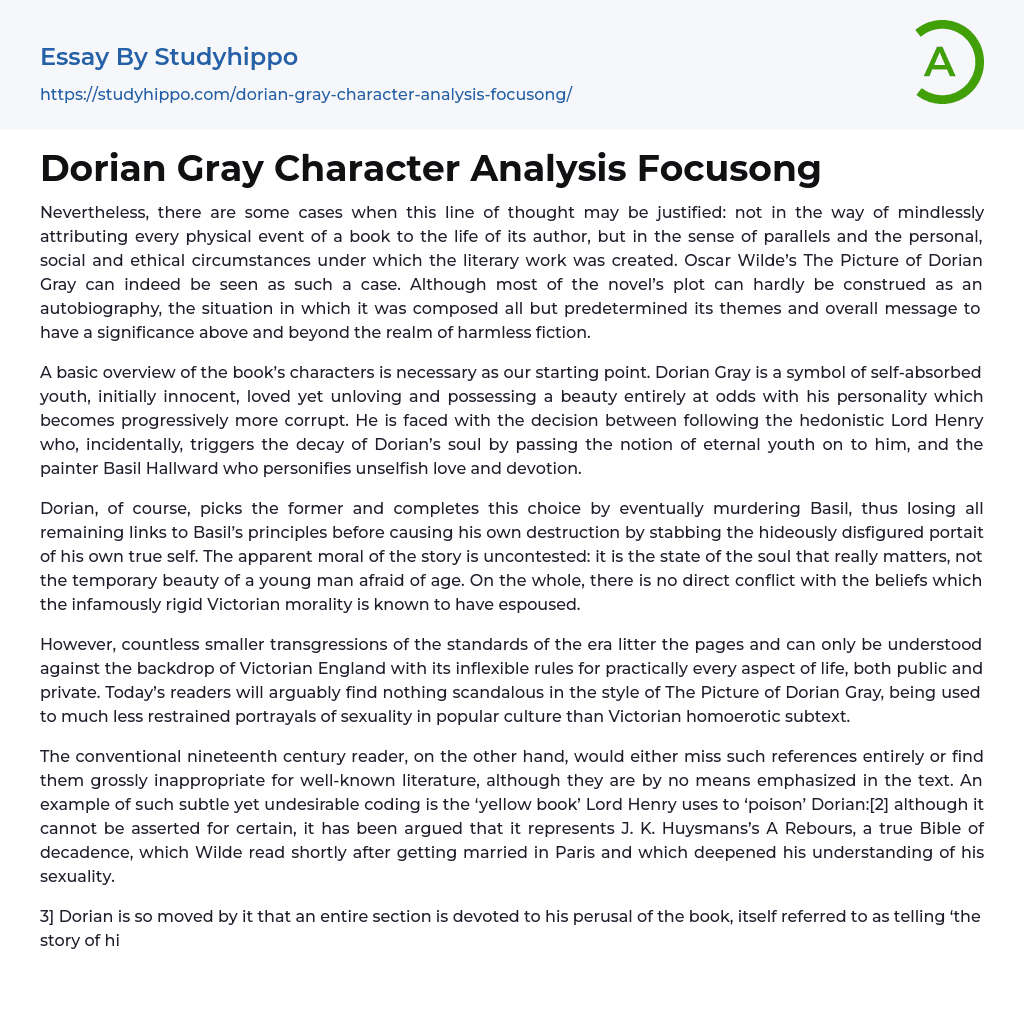 Dorian Gray Character Analysis Focusong Essay Example