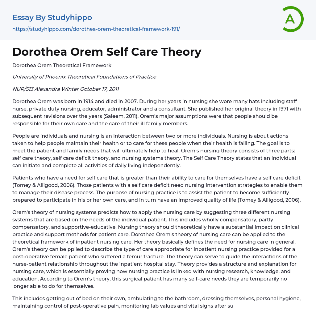 Dorothea Orem Self Care Theory Essay Example