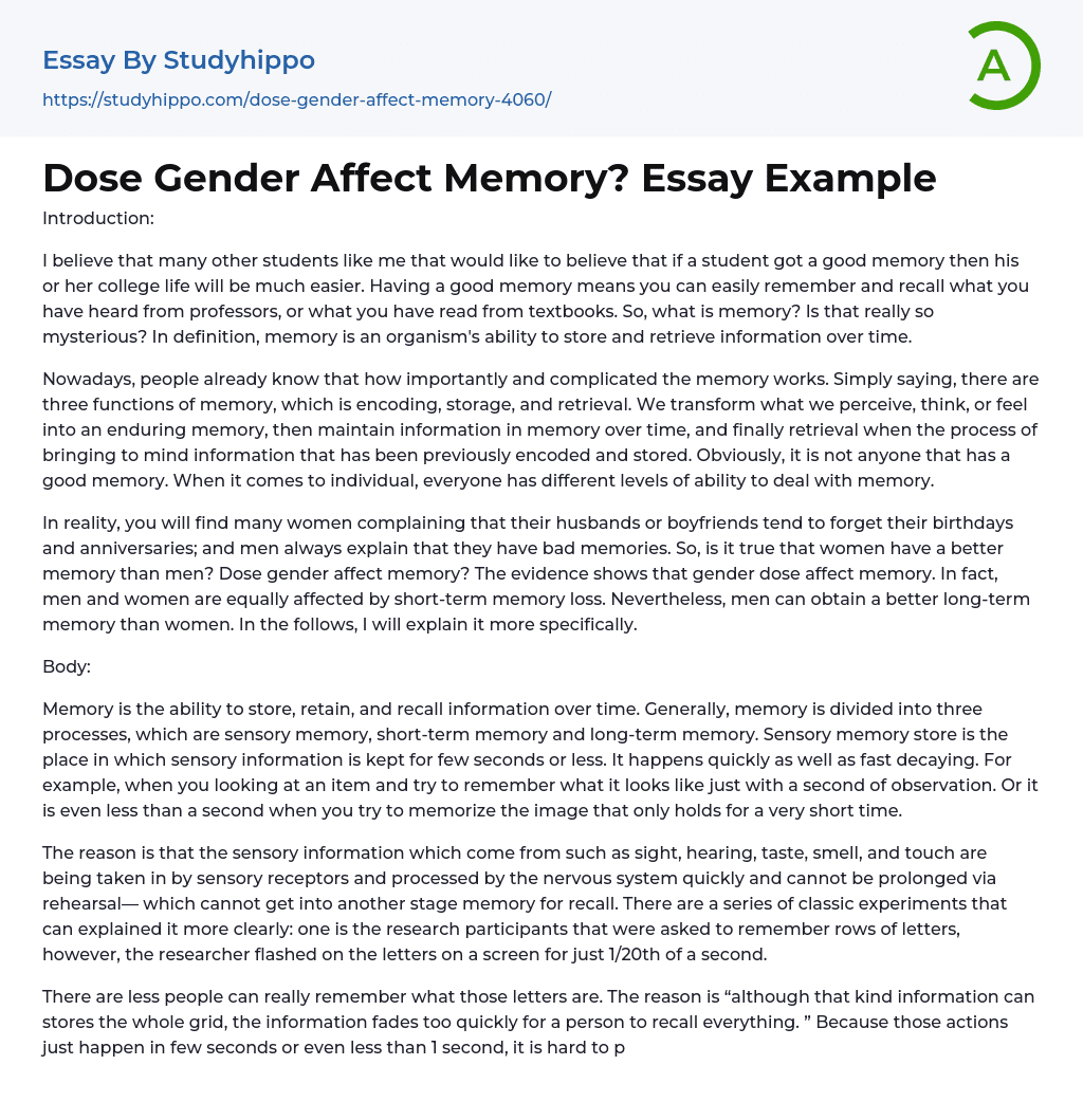 Dose Gender Affect Memory? Essay Example