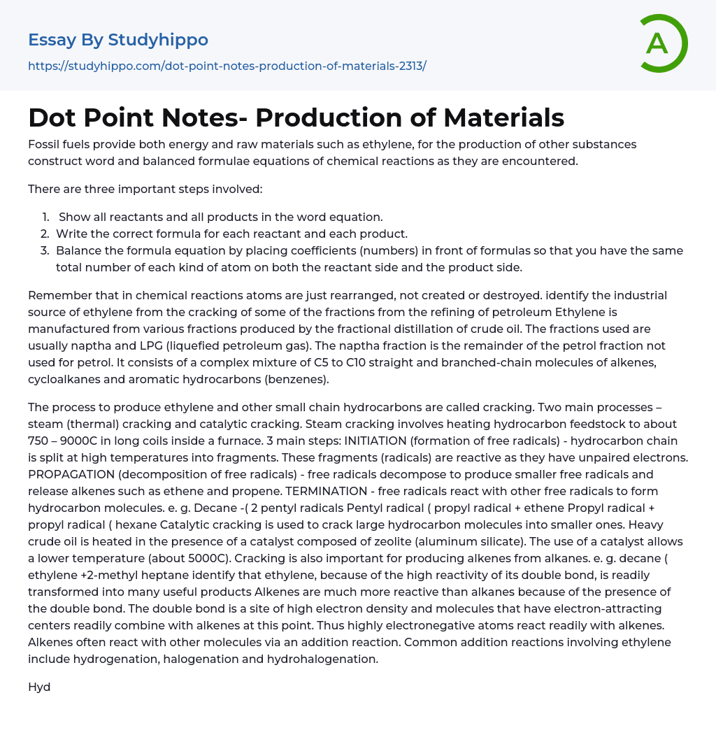 Dot Point Notes- Production of Materials Essay Example