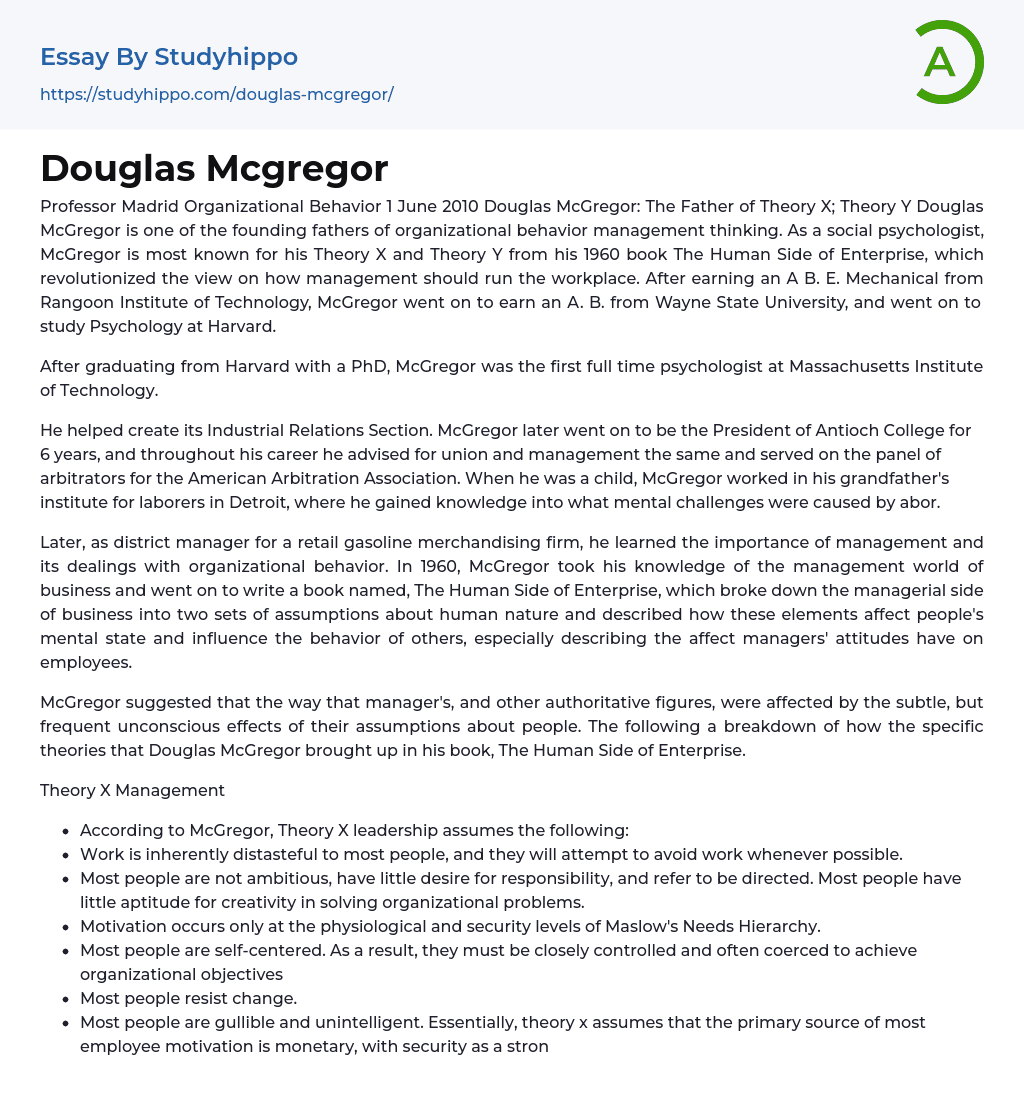Douglas Mcgregor Essay Example