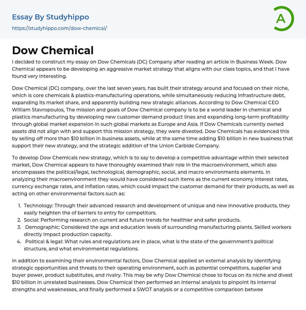 Dow Chemical Essay Example