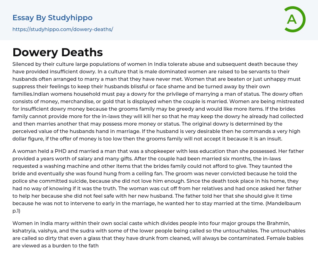 Dowery Deaths Essay Example