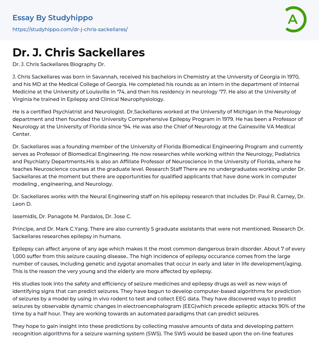 Dr. J. Chris Sackellares Essay Example