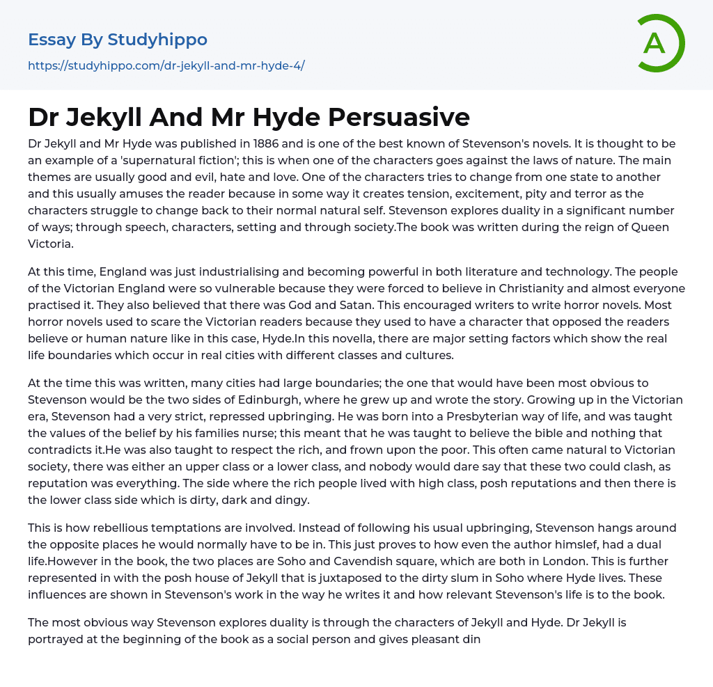 Dr Jekyll And Mr Hyde Persuasive Essay Example