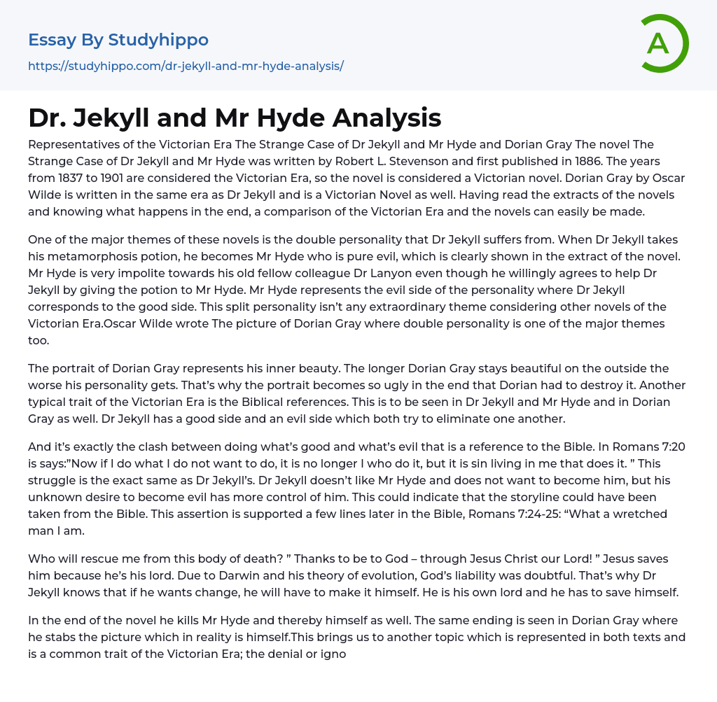 Dr. Jekyll and Mr Hyde Analysis Essay Example