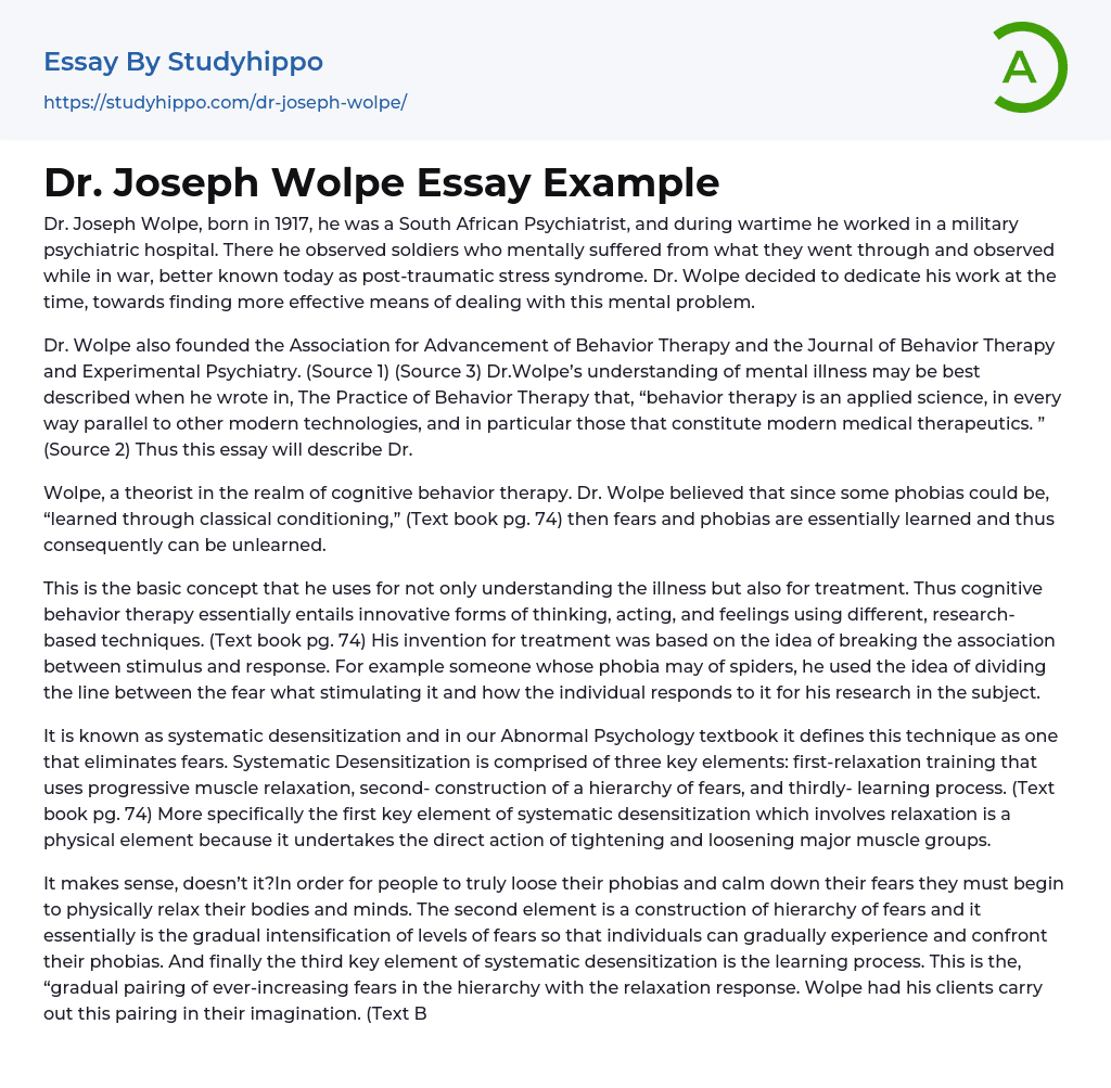 Dr. Joseph Wolpe Essay Example
