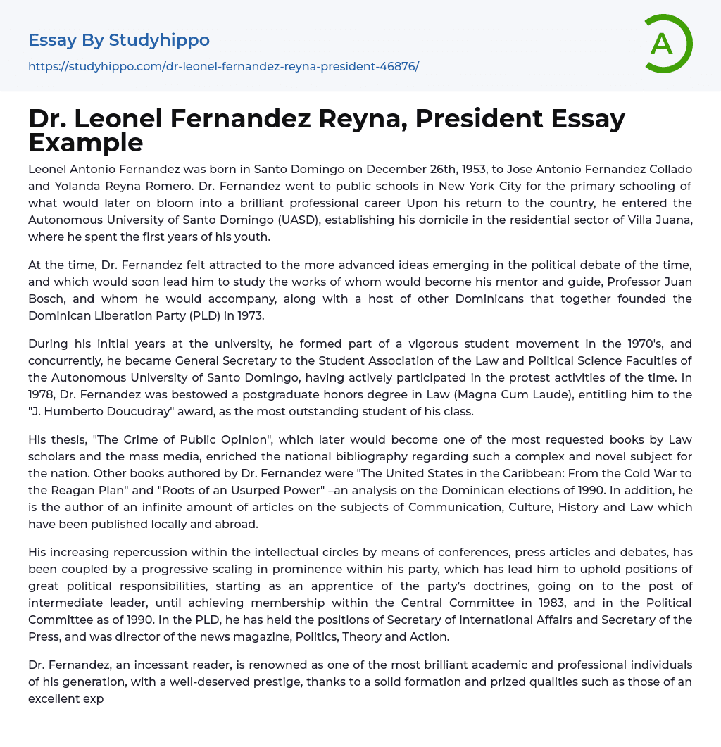 Dr. Leonel Fernandez Reyna, President Essay Example